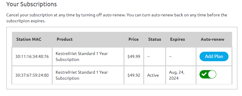Image of Ambient Weather account settings Manage Subscriptions section.