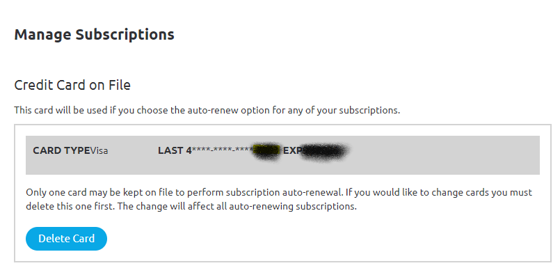 Image of Ambient Weather account settings Credit Card on File section.