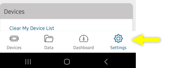 A bright yellow arrow that points to the HOBOConnect settings button