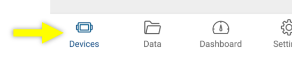 A bright yellow arrow that points to the HOBOConnect devices button in the menu at bottom of screen