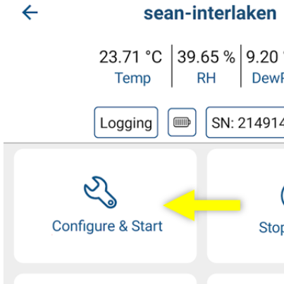A bright yellow arrow that points to the configure and start button within an MX device profile in HOBOConnect