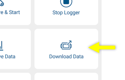 A bright yellow arrow that points to the download data button within an MX device profile in HOBOConnect