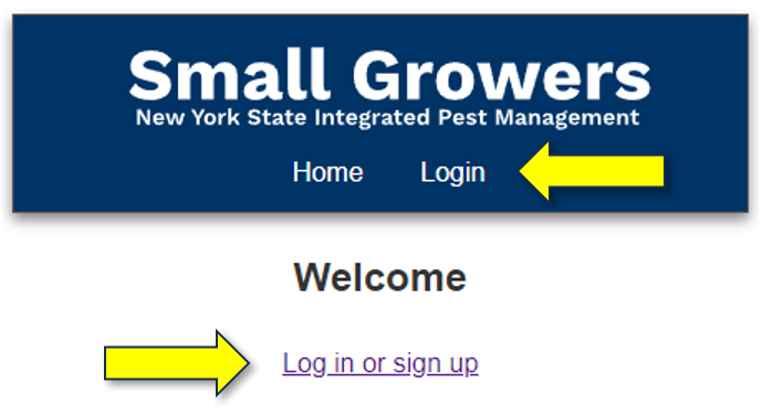 Screenshot of the Small Grower web app to show where users can login or sign up for an account.