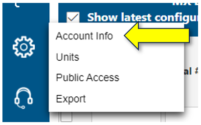 Screenshot of where to find the 'Gear' icon for access to 'Account Info' in HOBOlink.