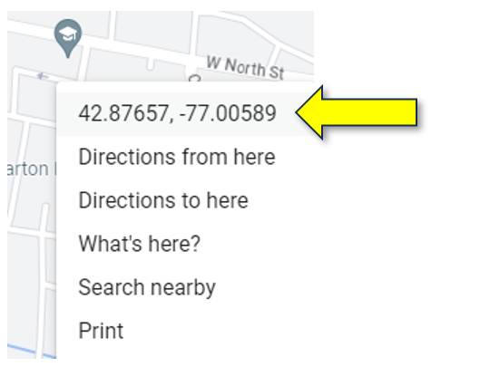 Screenshot of maps.google.com when a location is right-clicked to display the coordinates of a selected location.
