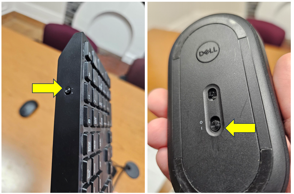 Two images of the conference room system keyboard and mouse. In each case a yellow arrow points to the power toggle switches that are in the on position