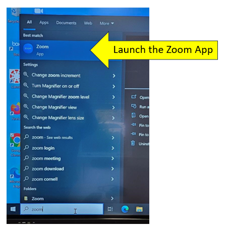A screen shot of the Windows search bar showing results for Zoom app