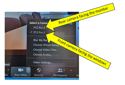 Screenshot of Video input options in an active zoom meeting. Two arrows indicate the relative location assignments of each webcam located in the conference room because both cameras have exactly the same name.