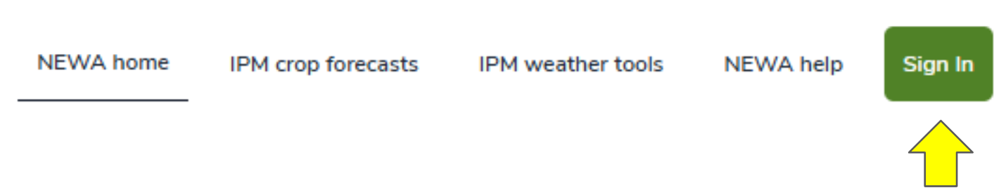 NEWA navigation bar with yellow arrow pointing to 'Sign in' on the right hand side.