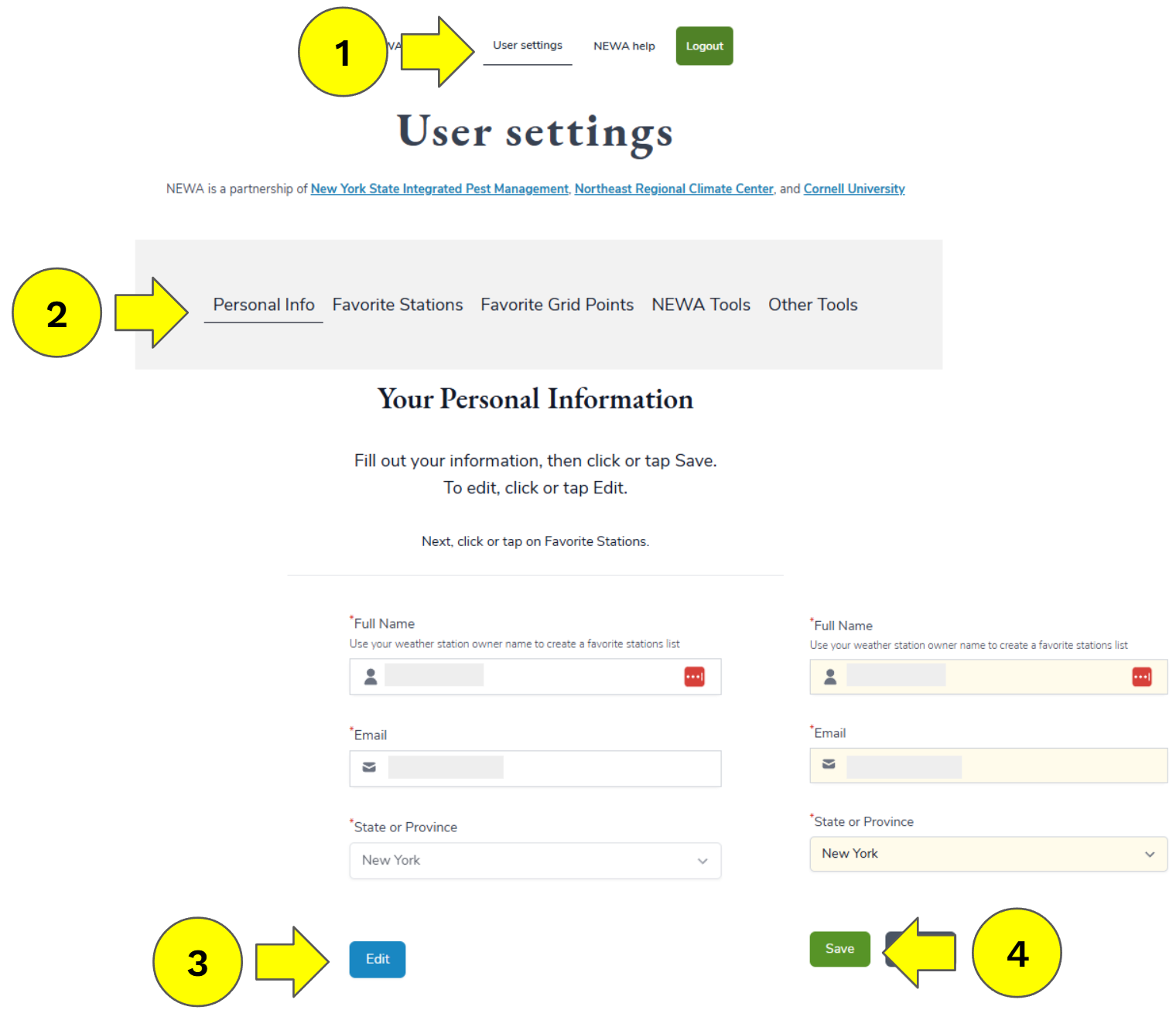 Screenshot with numbered arrows, one through four, showing the user settings tab, personal info tab, edit button, and save button, respectively.
