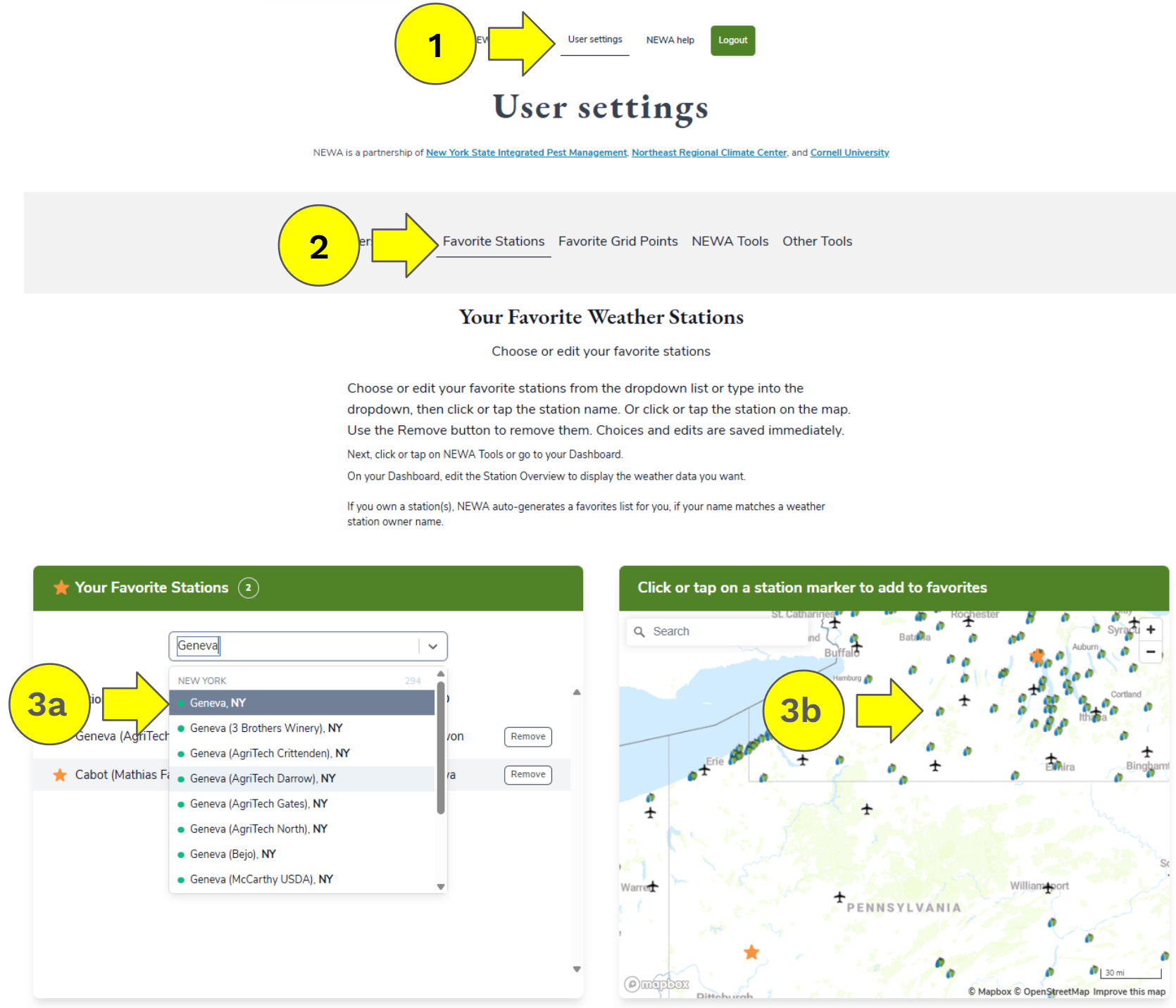 Screen shot of logged in NEWA user profile page numbered one through three b, to identify user settings, favorite stations, station selection method a (dropdown) and station selection method b (click on a map).