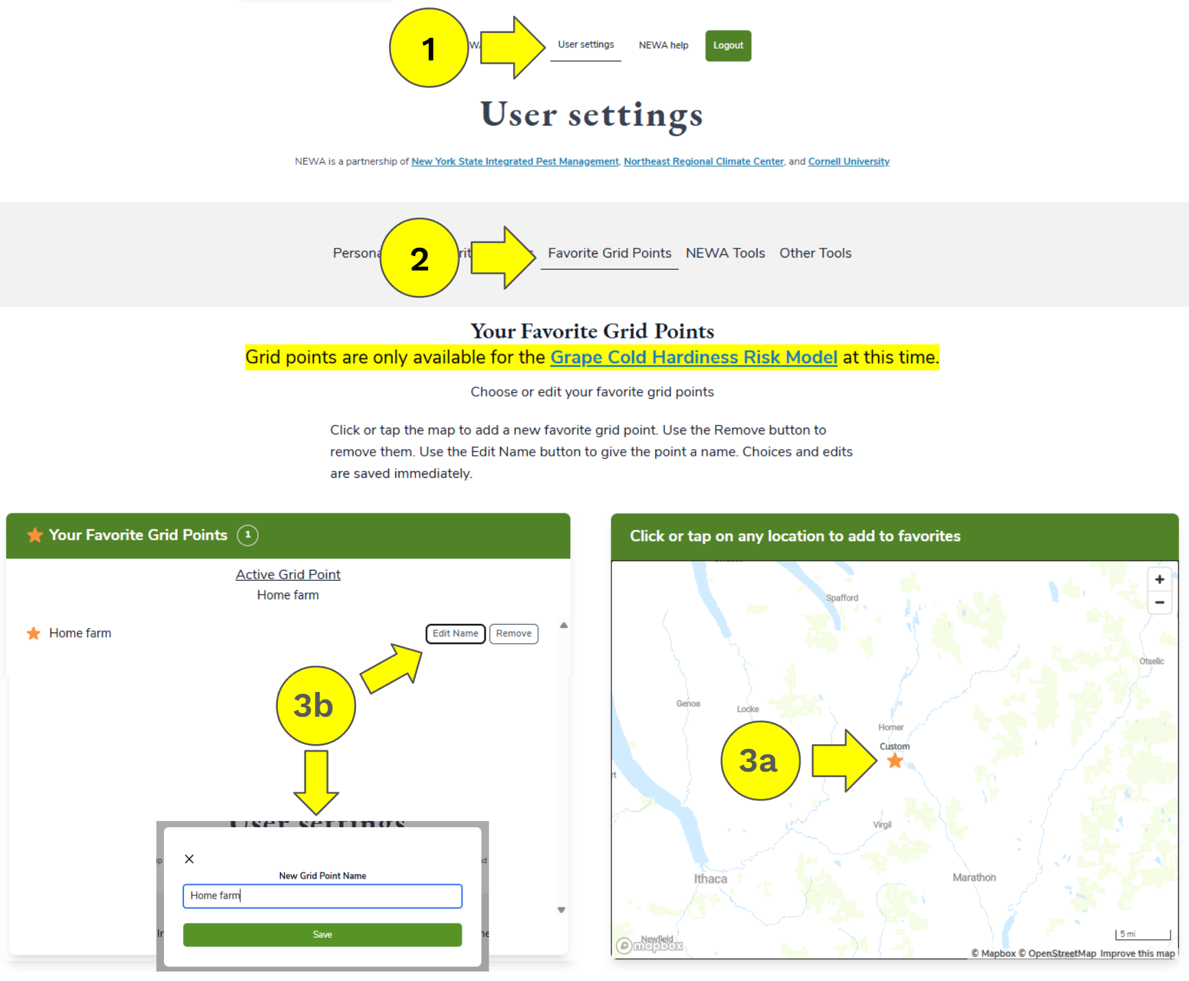 Screenshot of favorite grid points settings features, numbered one through 3 where 1 shows user settings in the main navigation bar, 2 shows favorite grid points tab in the secondary navigation bar, 3a shows how to click the map to add a new grid point, and 3b shows how to edit the grid point location name.