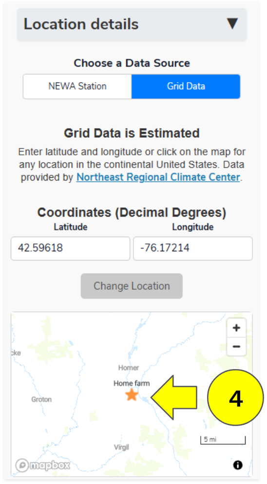 Screenshot of where favorite grid points are displayed in the grape cold hardiness model labeled as 4 with an example grid point displayed on a map.