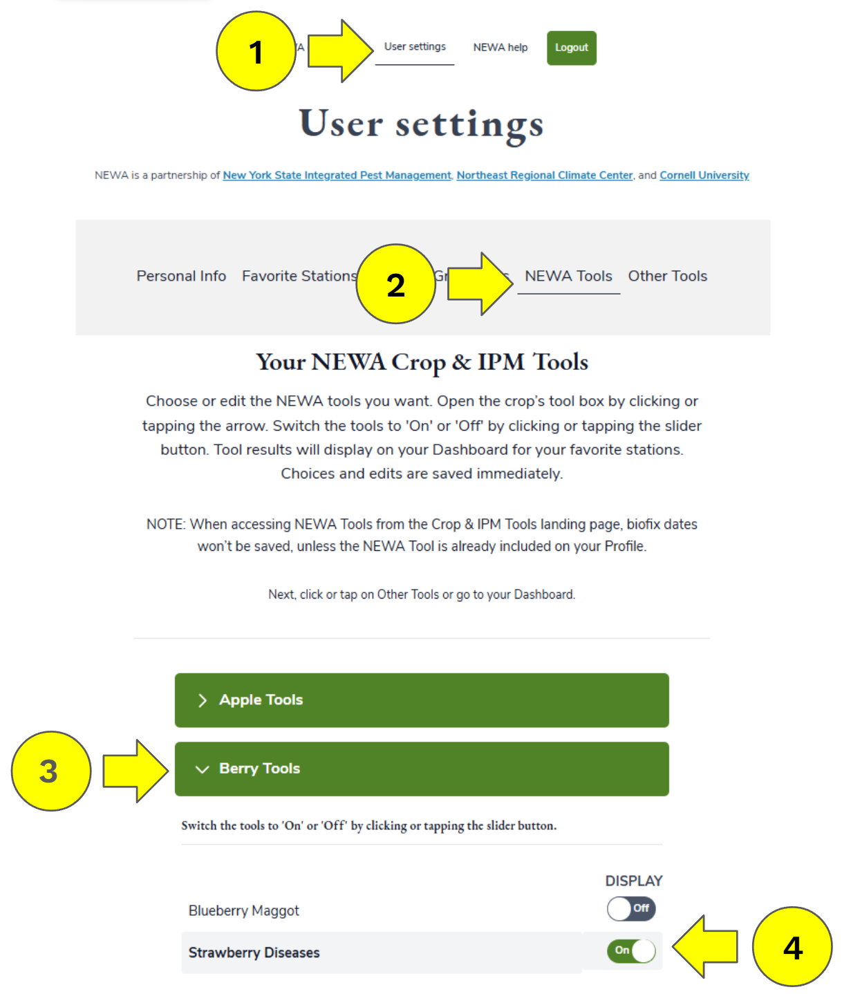 Screenshot of the NEWA model selection dashboard, with features labeled one through four with one pointing to user settings, 2 pointing to NEWA tools, 3 pointing to an expanded crop tool listing and 4 pointing to the on off toggle button for a single NEWA model.